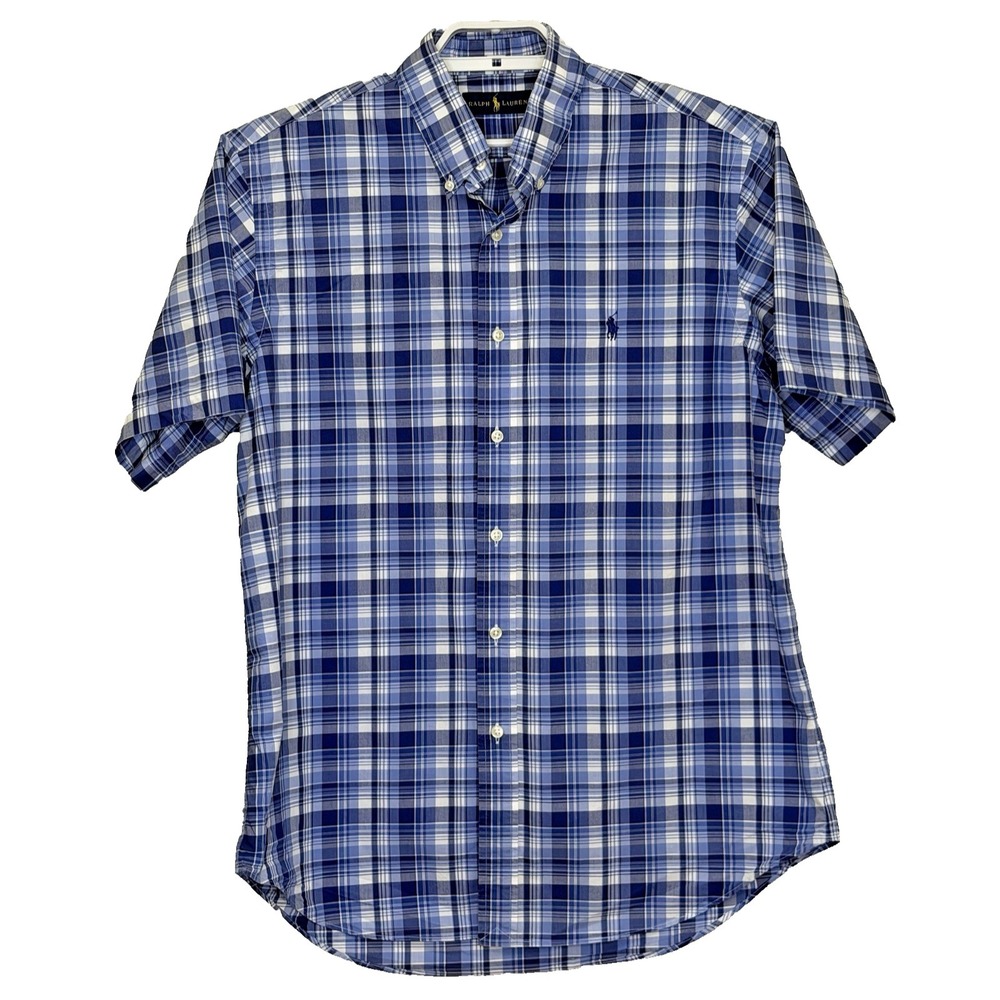 Ralph Lauren Button Front Shirt Mens Large Blue Plaid Short Sleeve Collared Pony